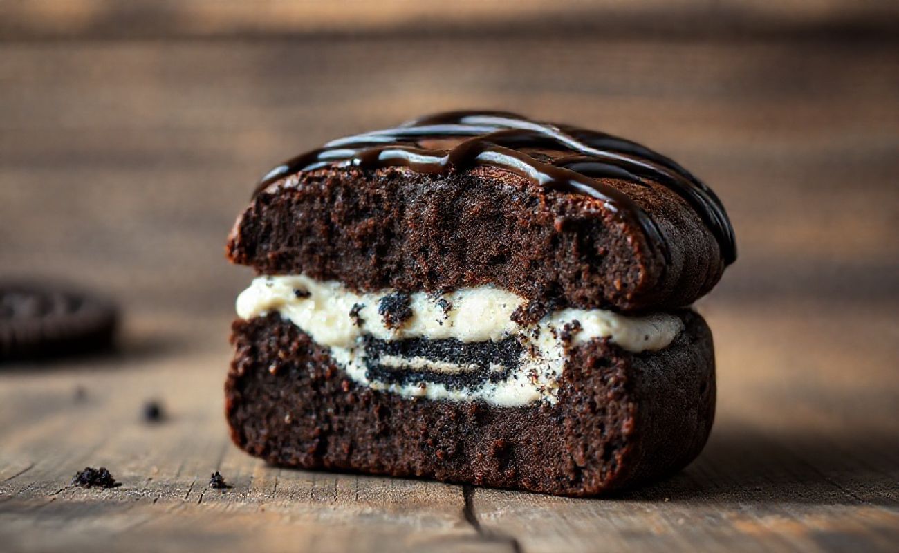 Biscoito Oreo Recheado de Brownie cortado ao meio mostrando camadas de brownie, recheio branco cremoso e biscoito Oreo inteiro no centro