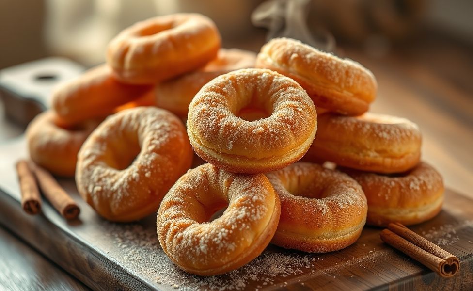 Bolinho de Chuva dourado polvilhado com canela e açúcar, disposto em tábua de madeira rústica