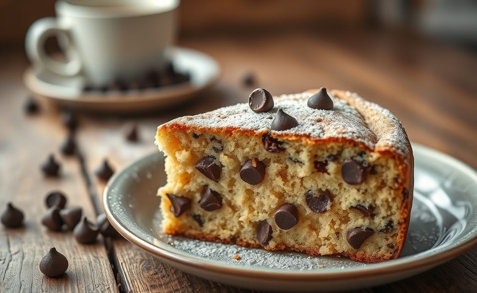 Bolo com gotas de chocolate cortado mostrando textura fofa e gotas de chocolate derretidas, em prato branco sobre mesa rústica