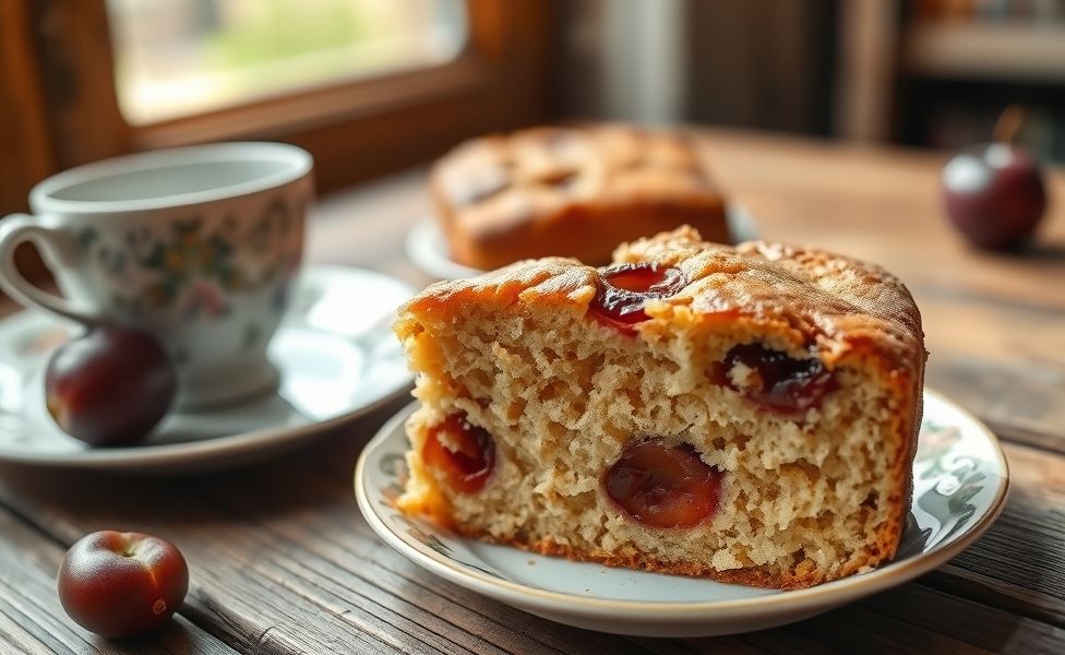 Fatia de Bolo de Ameixa mostrando textura úmida com pedaços de fruta caramelizada, sobre prato rústico
