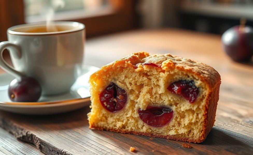 Fatia de Bolo de Ameixa mostrando pedaços de fruta caramelizada na massa dourada, sobre prato rústico com fundo desfocado