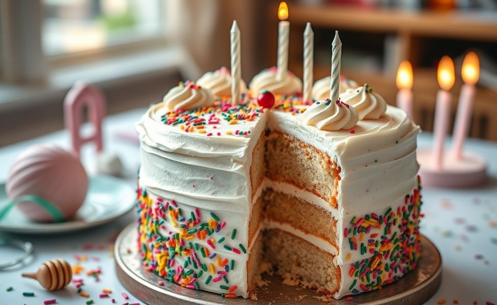 Bolo de Aniversário decorado com cobertura colorida e confeitos, mostrando camadas fofas e úmidas, pronto para servir em ocasião festiva