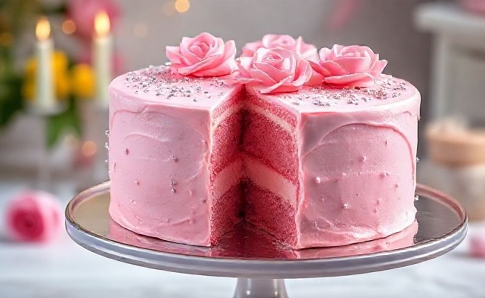 Bolo de aniversário rosa com cobertura cremosa decorado com confeitos prateados e rosas comestíveis em camadas úmidas