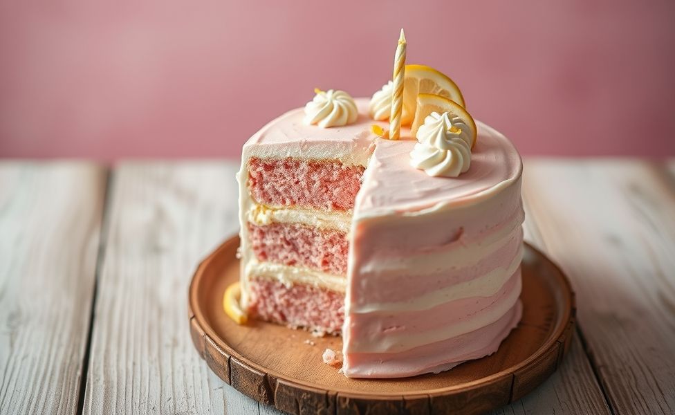 Bolo de aniversário vintage rosa decorado com cobertura cremosa branca e raspas de limão, mostrando camadas úmidas cor-de-rosa
