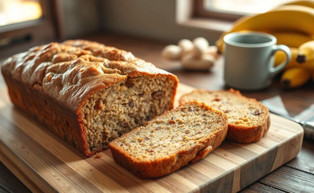 Bolo de Banana fatiado com nozes visíveis, textura úmida e dourada, em tábua de madeira rústica