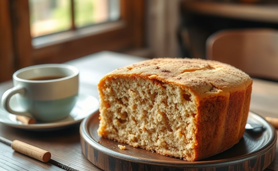 Bolo de canela recém-assado cortado em fatias, mostrando textura fofinha com canela polvilhada, sobre tábua de madeira rústica