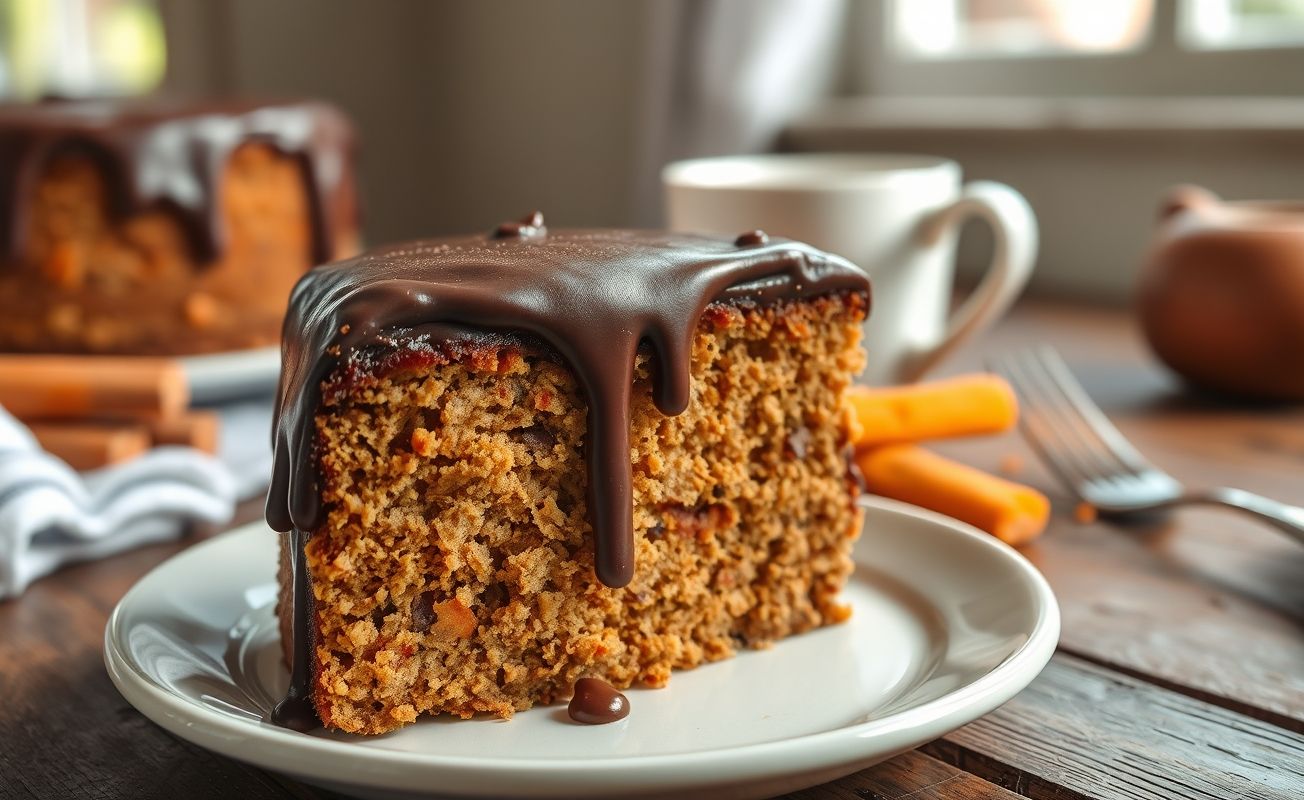 Fatia de Bolo de Cenoura úmido com cobertura cremosa de chocolate, decorado com raspas de cenoura e servido em prato branco
