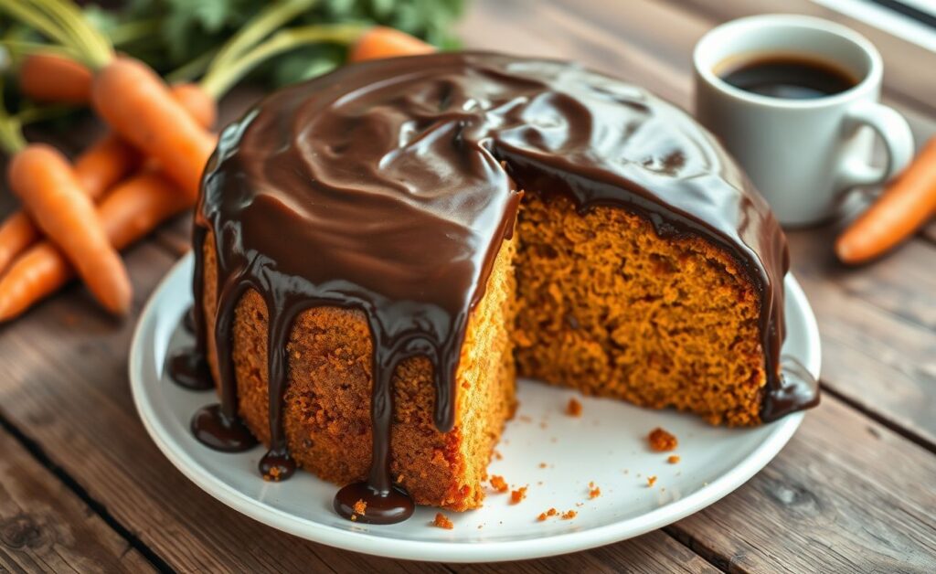 Fatia de Bolo de Cenoura com cobertura de chocolate cremosa, mostrando textura úmida e pedacinhos de cenoura, em prato branco