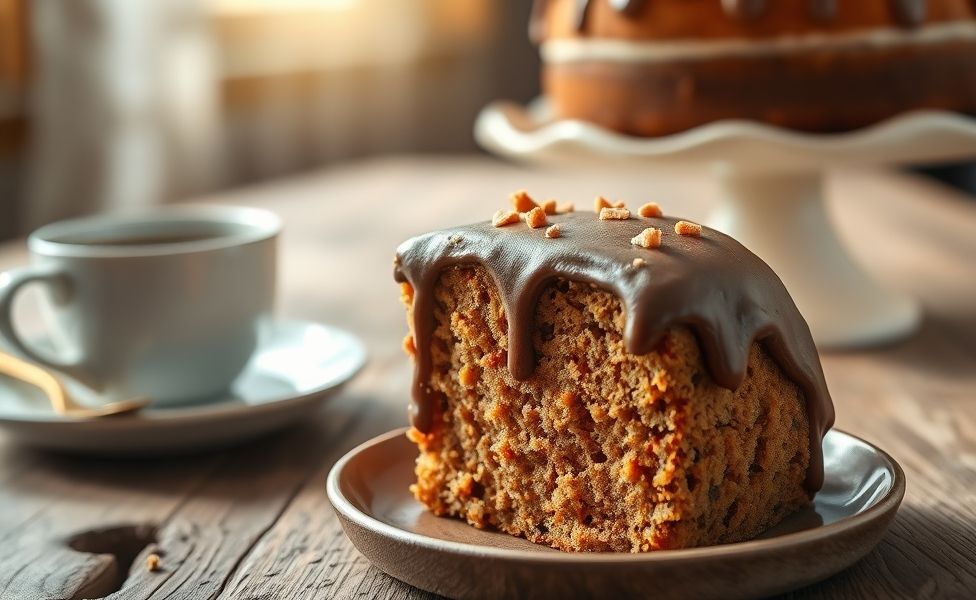 Fatia de Bolo de Cenoura com cobertura de chocolate cremosa, mostrando textura úmida e pedacinhos de cenoura visíveis