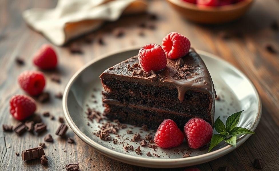 Fatia de Bolo de Chocolate caseiro com textura úmida e aerada, decorado com raspas de chocolate e framboesas frescas