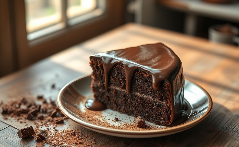 Fatia generosa de Bolo de Chocolate úmido com cobertura brilhante de ganache, decorado com raspas de chocolate em prato branco
