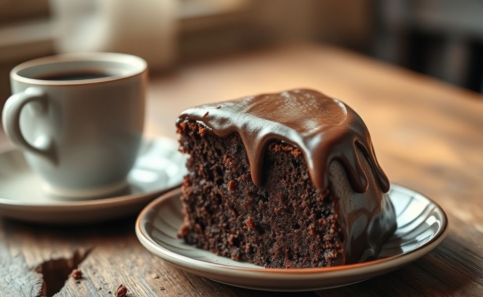 Bolo de Chocolate caseiro fatiado com cobertura cremosa escorrendo pelas laterais, em prato branco sobre mesa rústica