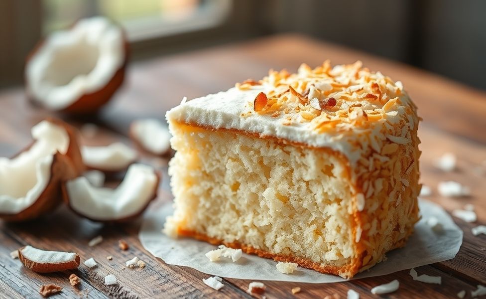 Fatia de Bolo de Coco caseiro com textura úmida e coco ralado por cima, sobre tábua de madeira rústica