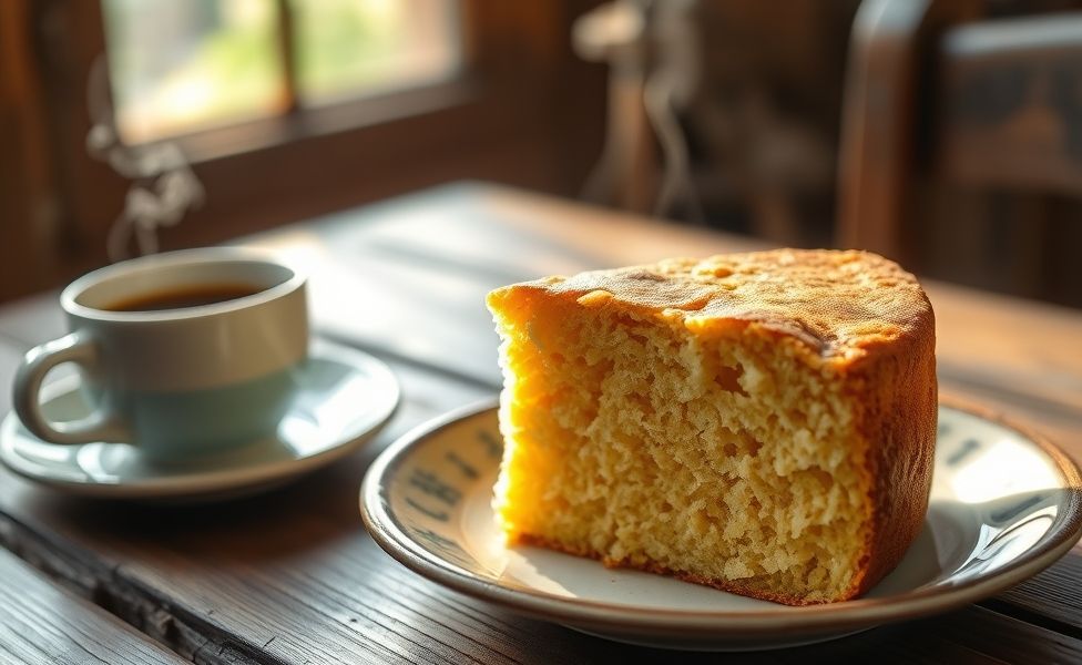 Bolo de Fubá tradicional cortado mostrando textura fofa e úmida, servido em prato rústico com café ao lado