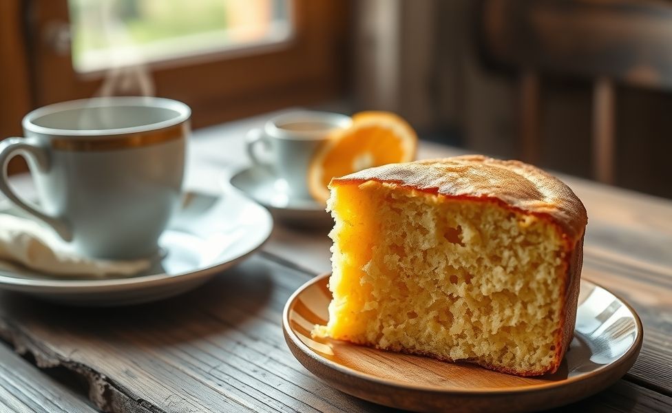 Fatia de Bolo de Laranja caseiro sobre prato rústico, mostrando textura úmida e pedacinhos de casca de laranja, acompanhado de xícara de café