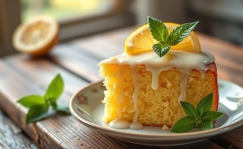 Fatia de Bolo de Limão com massa amarela úmida, cobertura branca brilhante e decorada com rodelas de limão fresco