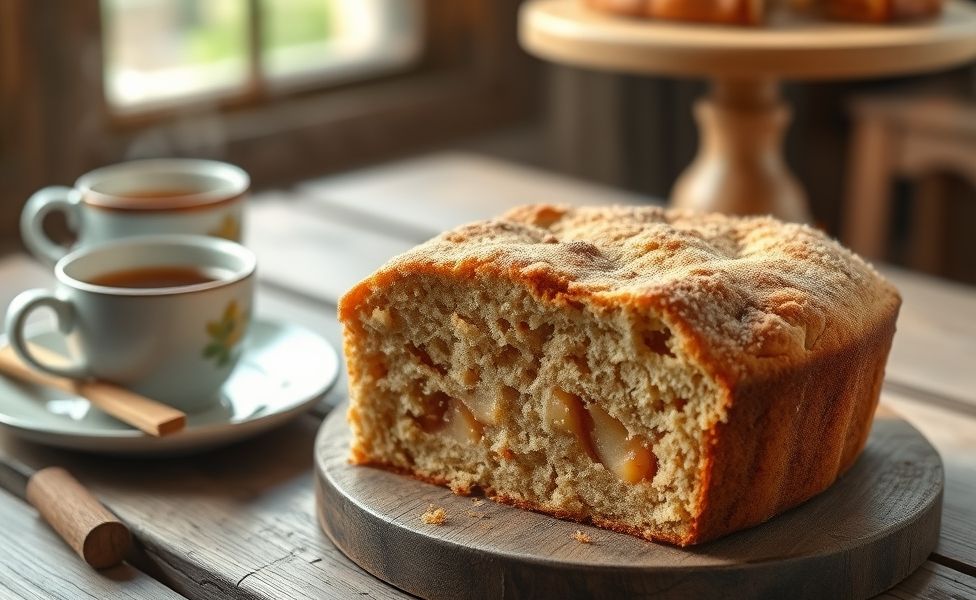 Bolo de maçã com canela recém-saído do forno com pedaços visíveis de maçã e crosta dourada, sobre tábua de madeira rústica