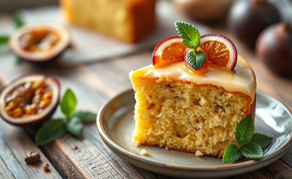 Fatia de Bolo de Maracujá caseiro com calda brilhante e sementes da fruta, decorado com maracujá fresco em fundo rústico
