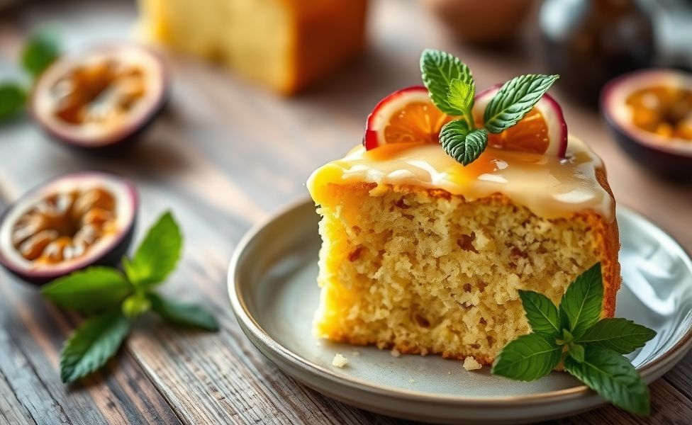 Fatia de Bolo de Maracujá caseiro com cobertura cremosa e sementes da fruta, decorado com menta