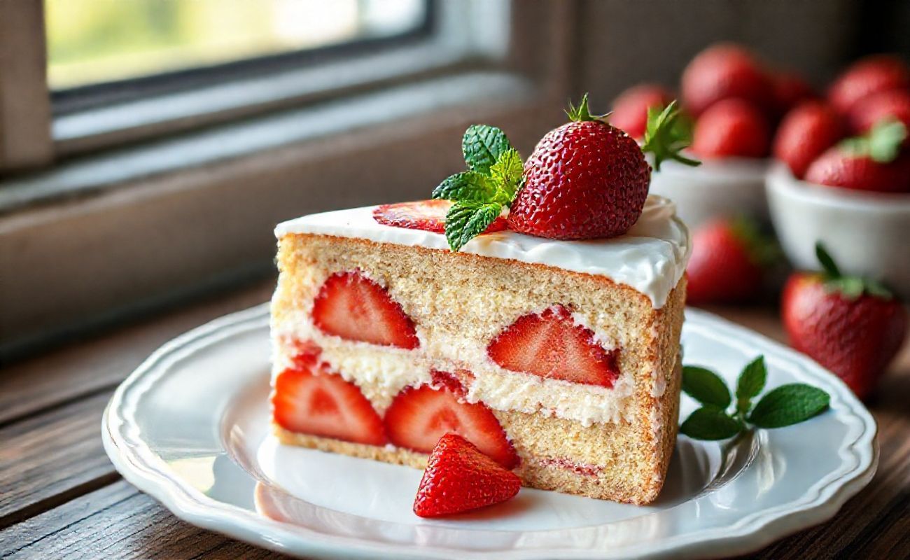 Fatia de Bolo de Morango Gelado mostrando camadas cremosas brancas e morangos vermelhos frescos, decorado com folhas verdes