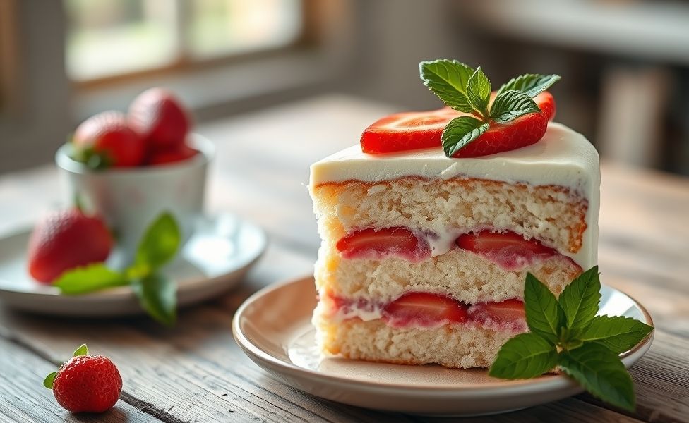 Fatia de Bolo de Morango mostrando camadas de massa branca, recheio rosado com pedaços de morango e cobertura com frutas inteiras decoradas