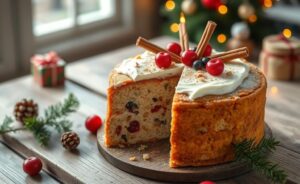 Bolo de Natal Mesversário decorado com frutas cristalizadas e nozes, mostrando textura úmida e aromática perfeita para celebrações especiais