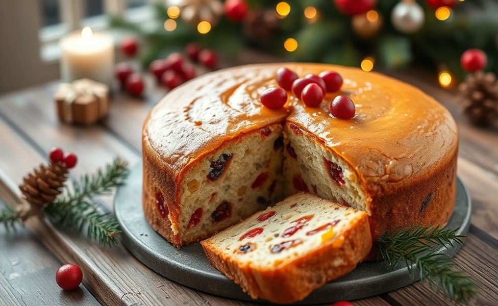 Bolo de natal simples decorado com frutas cristalizadas e nozes, mostrando textura úmida e aromática perfeita para as festas