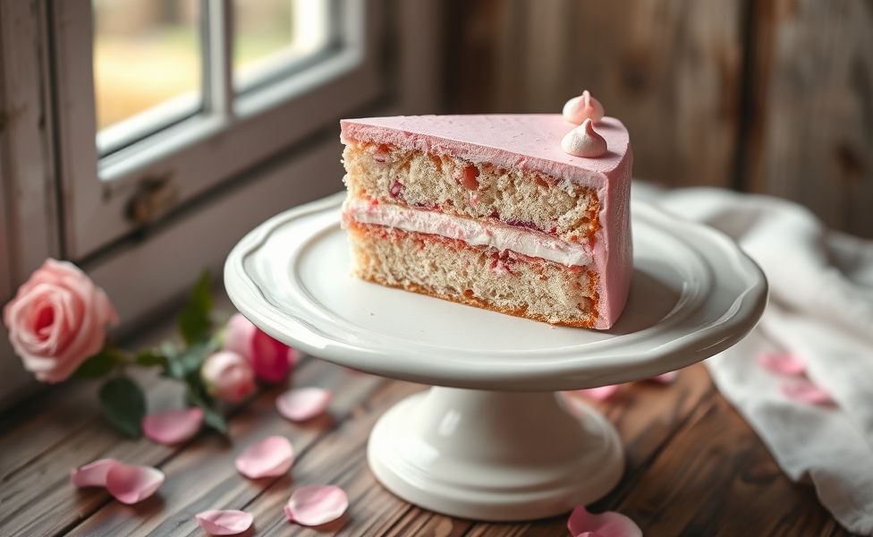 Fatia de Bolo Feminino Rosa sobre prato decorativo, mostrando textura fofa e cor rosa vibrante com detalhes de decoração elegante