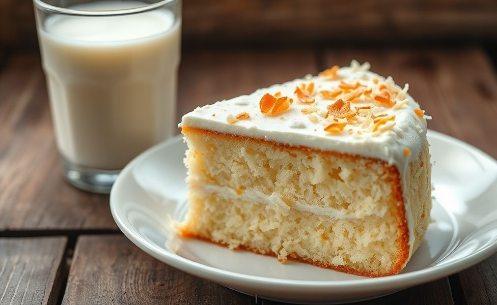 Fatia de Bolo Gelado de Coco com cobertura cremosa e coco ralado fresco, sobre prato branco
