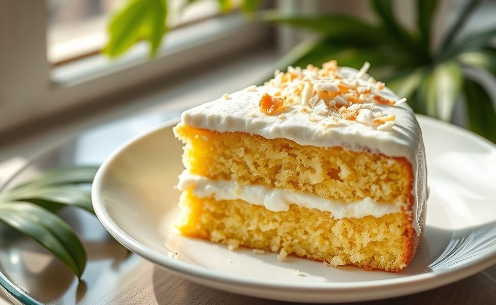 Fatia de Bolo Gelado brasileiro com cobertura cremosa branca e coco ralado, servido em prato branco sobre mesa de madeira