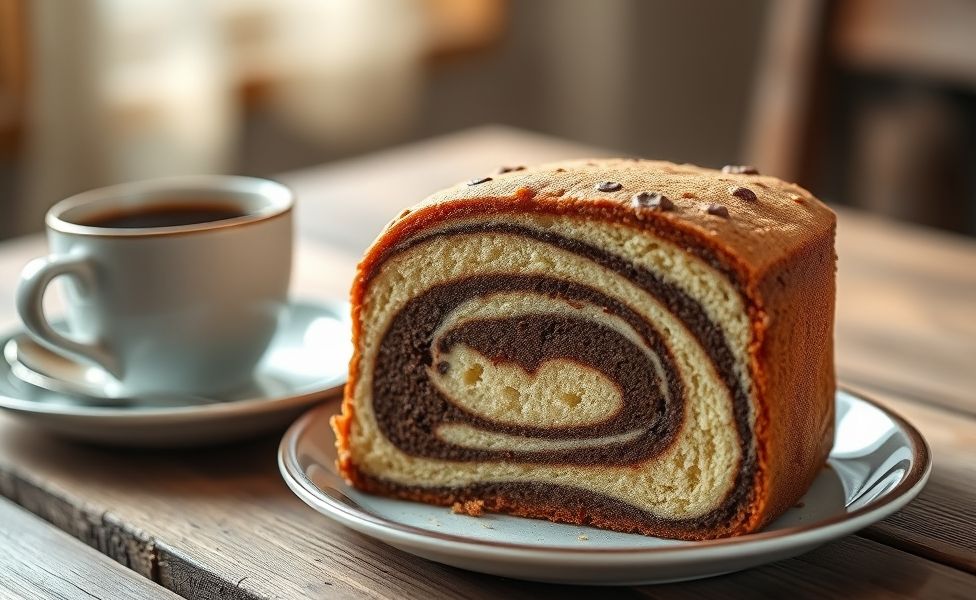 Fatia de Bolo Mesclado caseiro mostrando camadas alternadas de chocolate e baunilha sobre prato branco