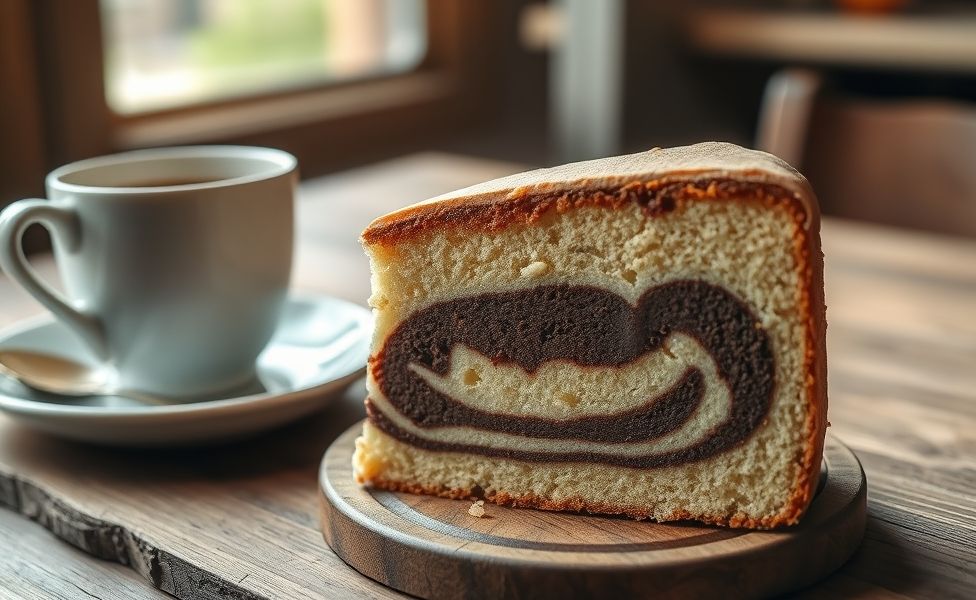 Fatia de Bolo Mesclado mostrando camadas alternadas de chocolate e baunilha, textura fofinha e úmida, em prato branco