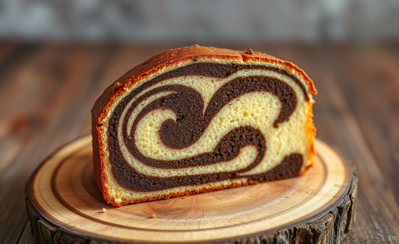 Bolo Mármore fatiado mostrando padrão marmorizado perfeito de chocolate e baunilha sobre tábua de madeira rústica