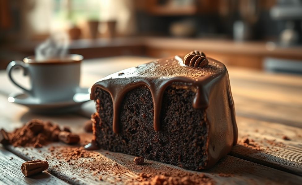 Fatia de Bolo Nega Maluca com cobertura brilhante de chocolate em fundo rústico