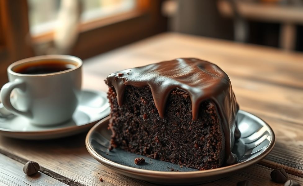 Fatia de Bolo Nega Maluca com cobertura brilhante de chocolate escorrendo pelas laterais, em prato branco sobre mesa rústica