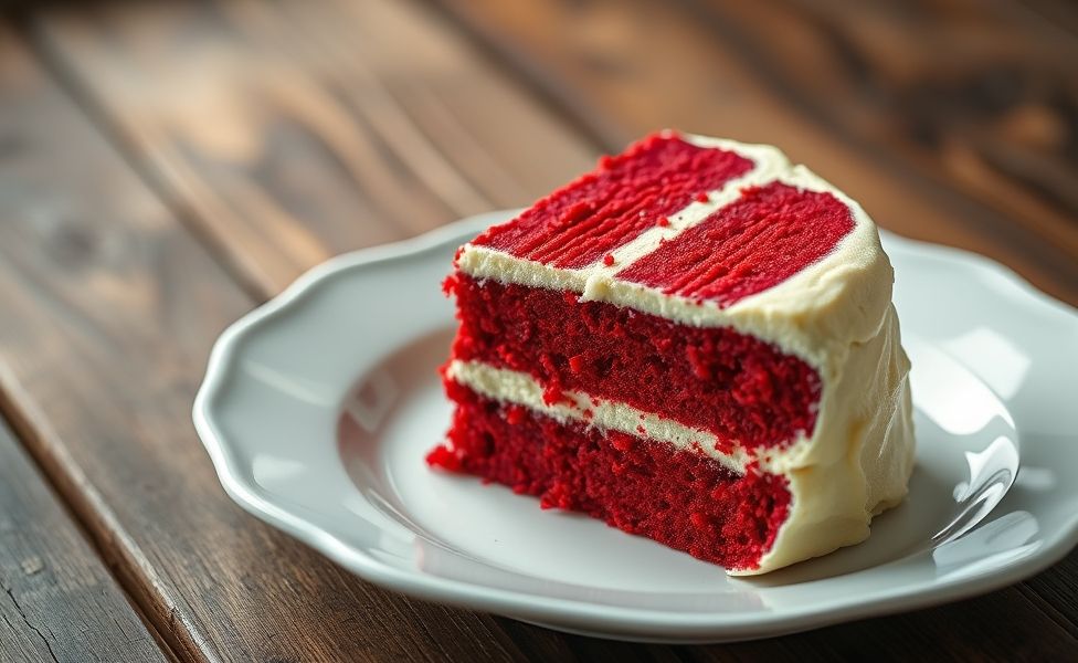 Fatia de Bolo Red Velvet com massa vermelha vibrante e camadas generosas de cobertura branca de cream cheese em prato elegante