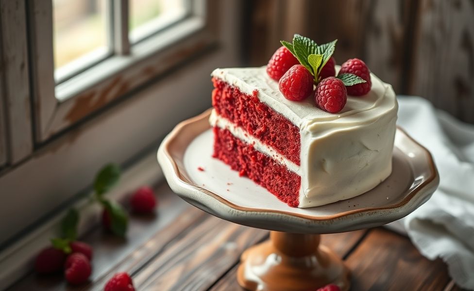 Fatia de Bolo Red Velvet mostrando massa vermelha úmida e cobertura branca de cream cheese, decorado com framboesas frescas
