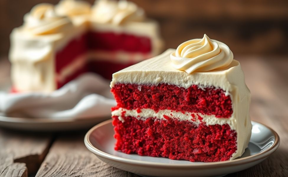Fatia de Bolo Red Velvet com camadas vermelhas vibrantes e cobertura branca de cream cheese em fundo rústico