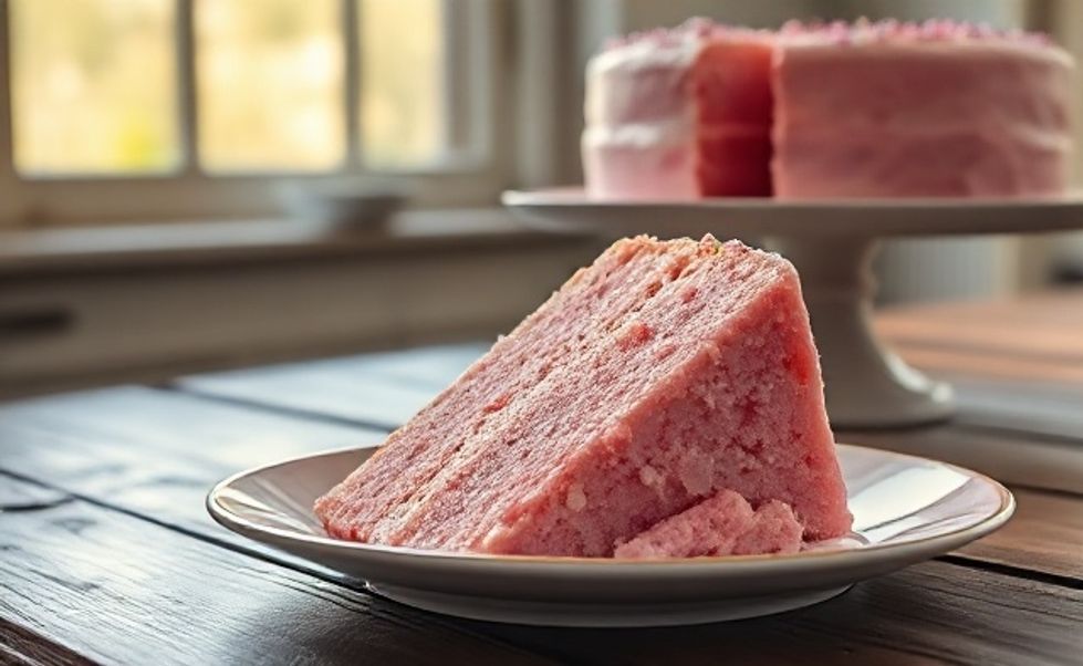 Bolo rosa simples fatiado mostrando textura macia e cor rosa suave, decorado com granulado em prato vintage