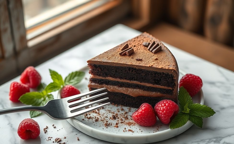 Fatia de Bolo Trufado mostrando camadas escuras de chocolate com recheio cremoso, polvilhado com cacau e decorado com framboesas frescas