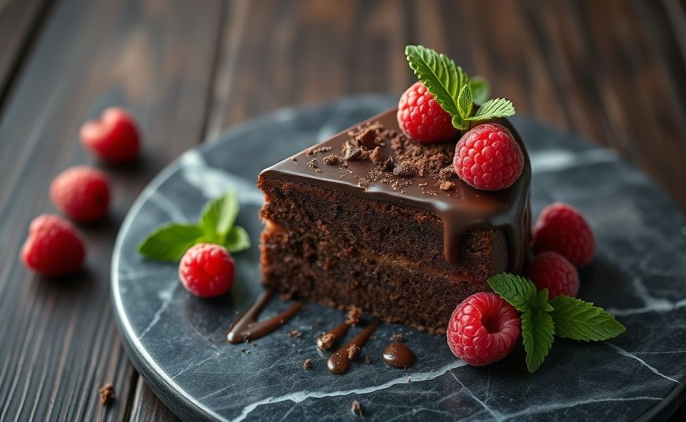 Fatia de Bolo Trufado com ganache de chocolate escorrendo, textura úmida visível, decorado com framboesas frescas em fundo escuro
