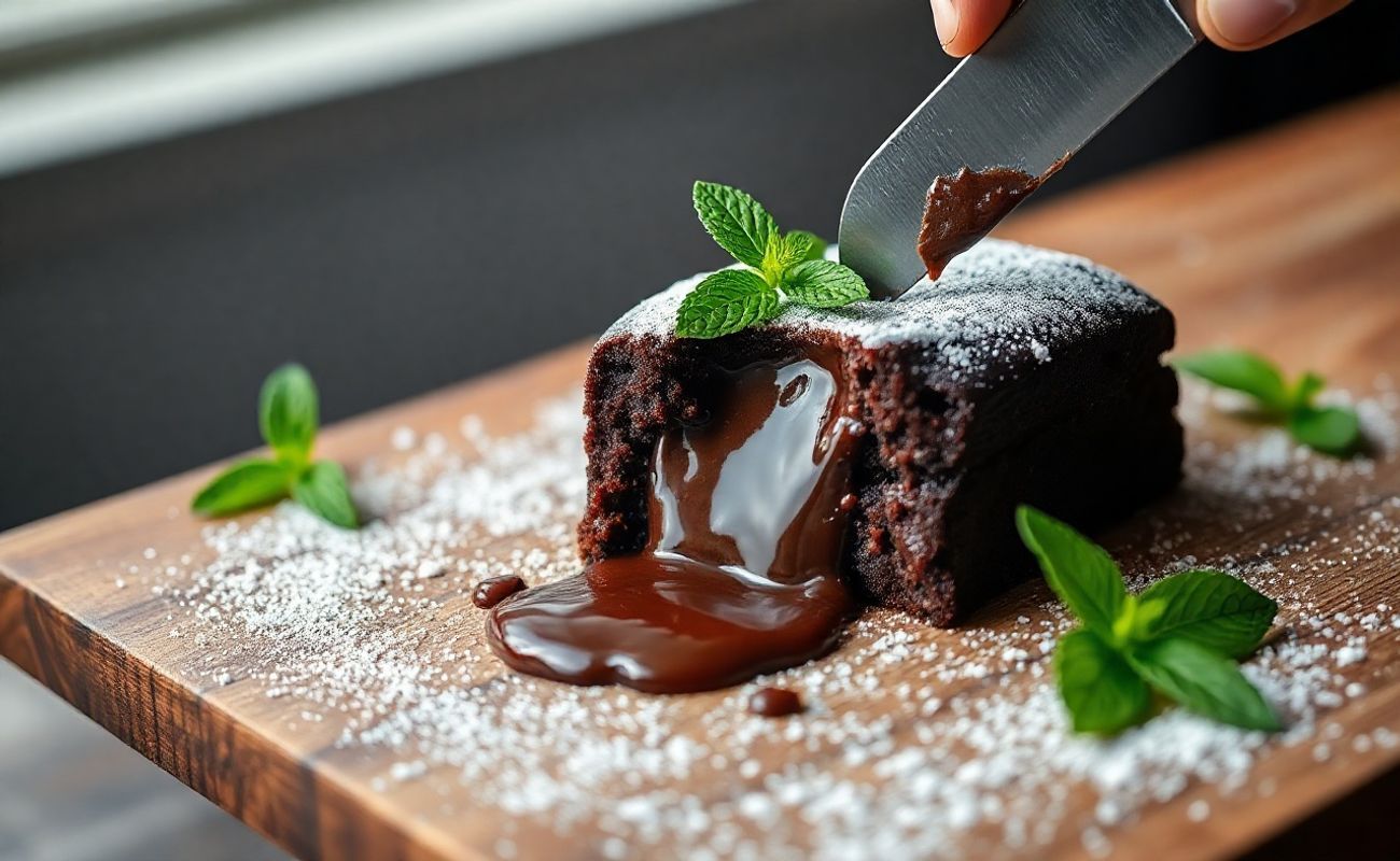 Bolo Vulcão cortado mostrando recheio de chocolate cremoso escorrendo, decorado com açúcar de confeiteiro e folhas de hortelã