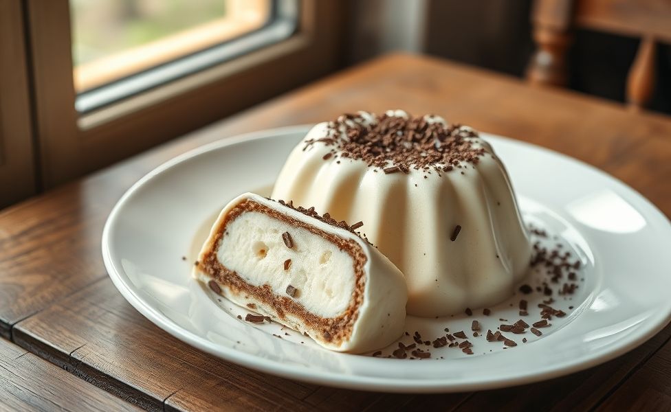Brigadeirão cremoso servido em prato branco com chocolate granulado, textura aveludada e aparência convidativa