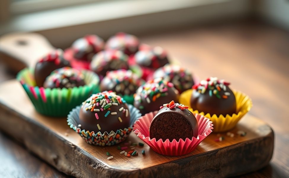 Brigadeiros brasileiros tradicionais com cobertura de chocolate granulado, dispostos em forminhas coloridas sobre tábua de madeira