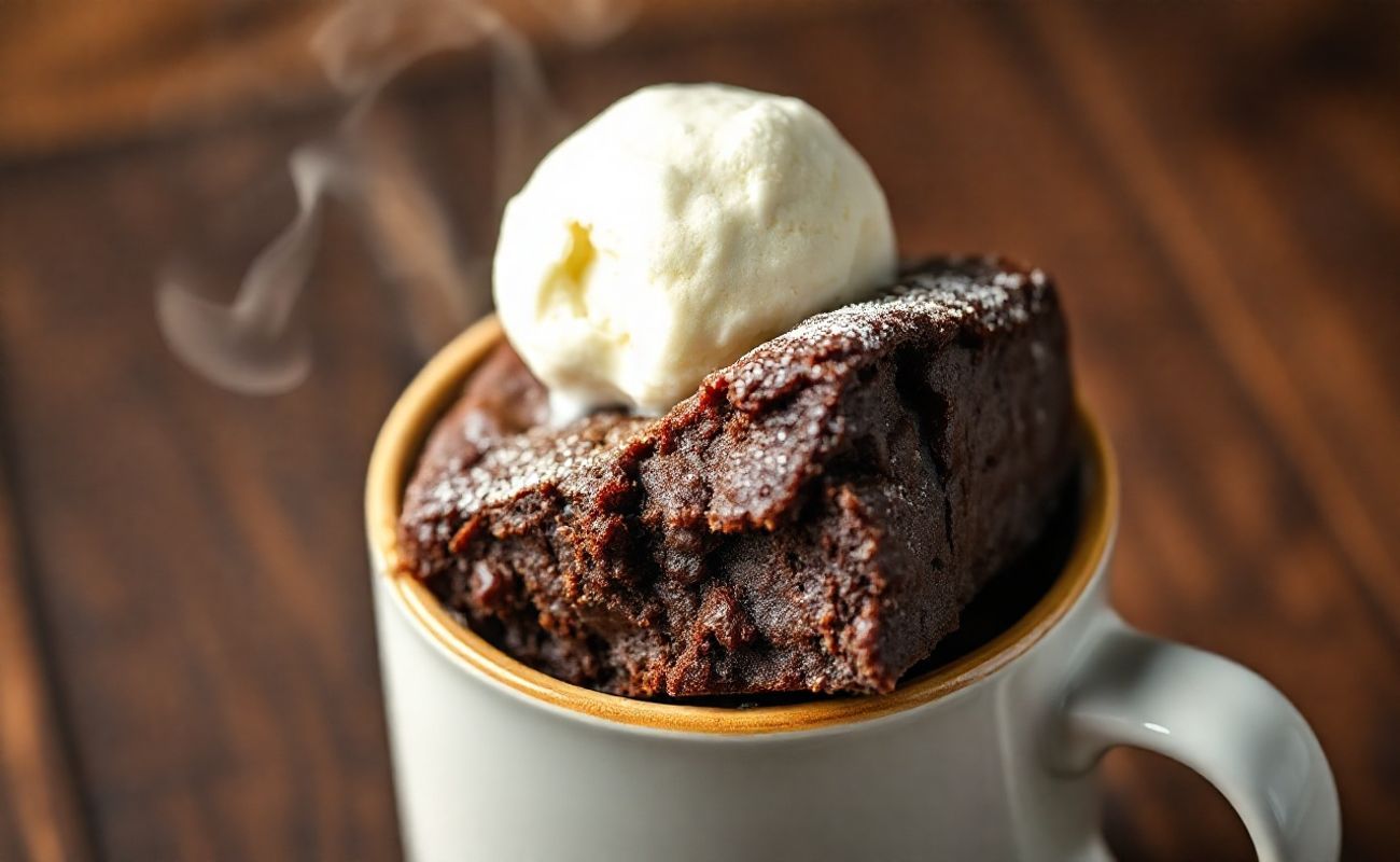 Brownie na Caneca caseiro servido em xícara branca com sorvete derretendo, textura úmida e pedaços de chocolate visíveis