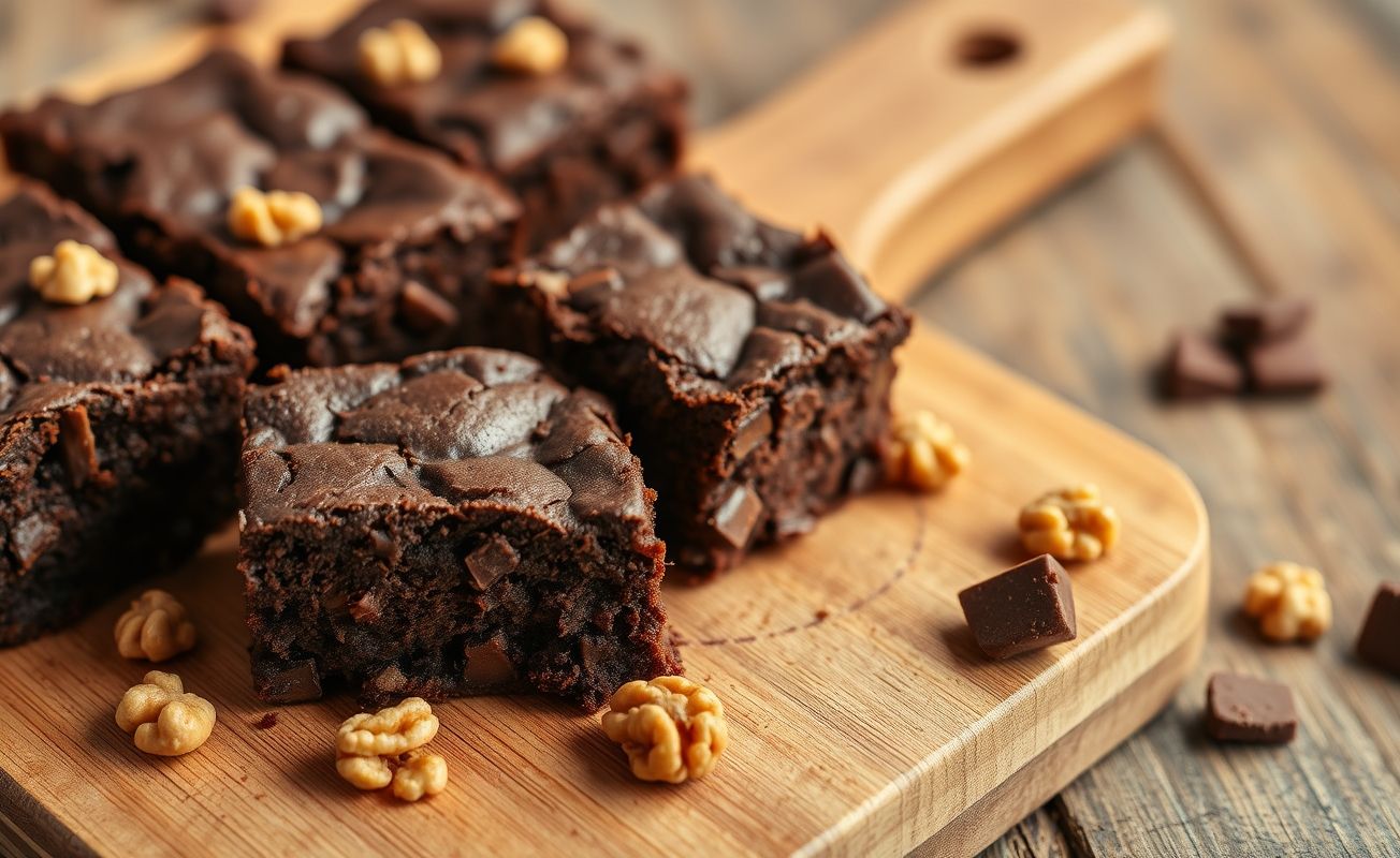 Brownies de chocolate caseiros com nozes, mostrando textura crocante na superfície e interior úmido, em tabua de madeira rústica
