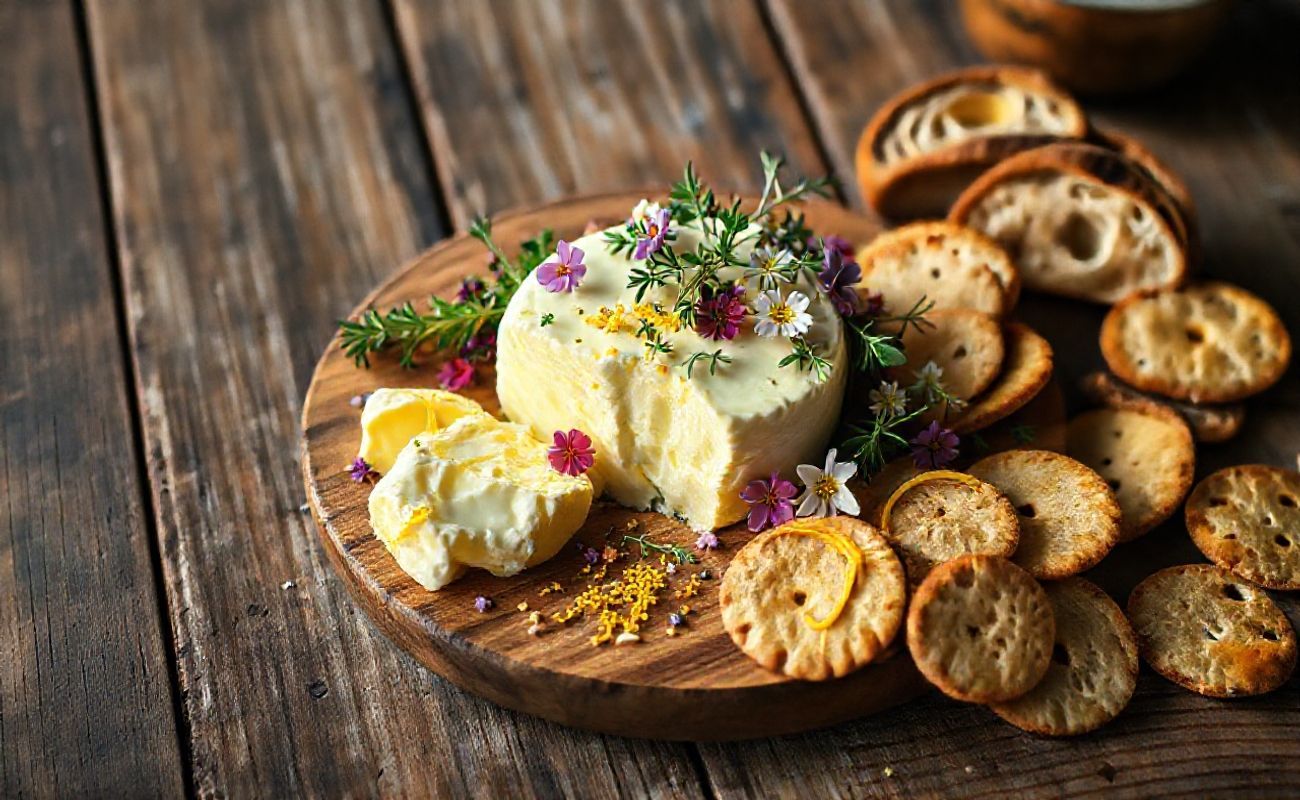 Butter Board cremoso decorado com ervas frescas, flores comestíveis e pães artesanais, apresentação convidativa sobre tábua de madeira