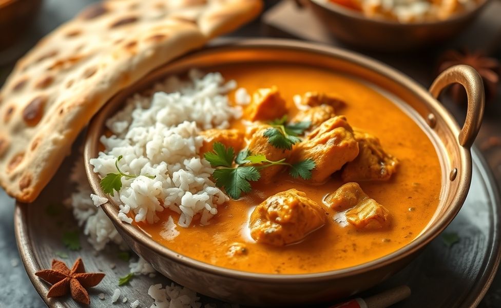 Butter Chicken indiano servido em tigela de cobre com molho cremoso laranja, frango suculento, decorado com coentro e acompanhado de arroz basmati