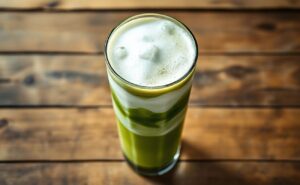 Café Dalgona com Matcha em camadas perfeitas - matcha verde, leite branco e espuma de café cremosa em copo transparente com gelo