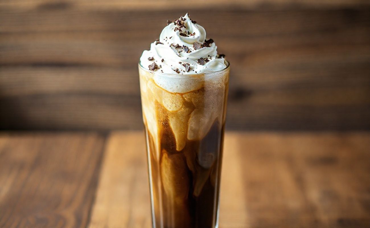 Café Gelado Cremoso servido em copo alto com camadas perfeitas, chantilly e raspas de chocolate, gotas de condensação no vidro